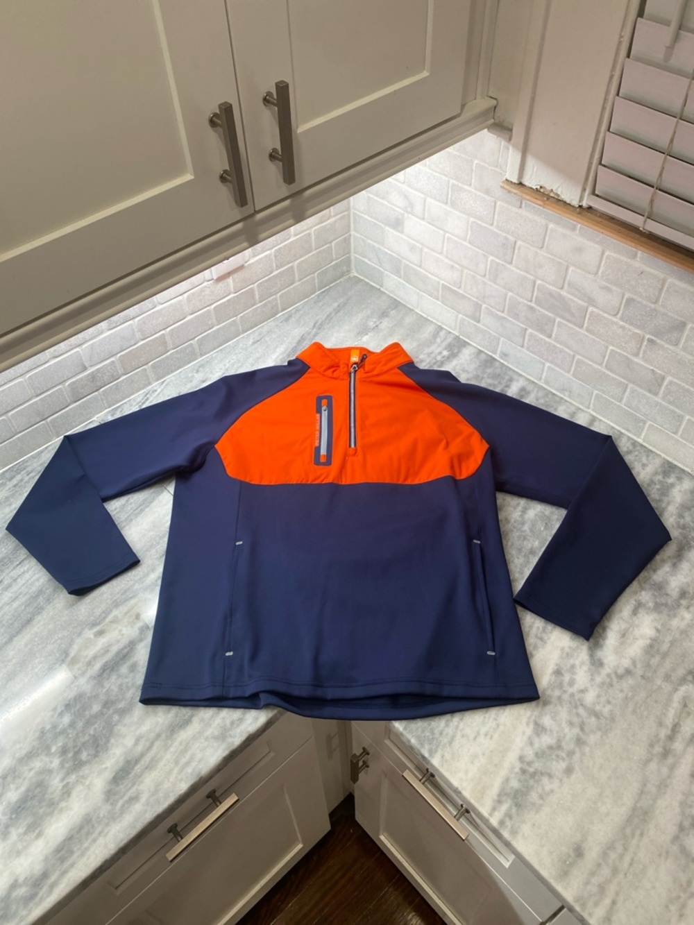Peter Millar Orange and Blue Performance Quarter Zip Pullover